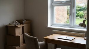 A home office in a spare bedroom with a desk beside a sunny window and unpacked moving boxes in the corner